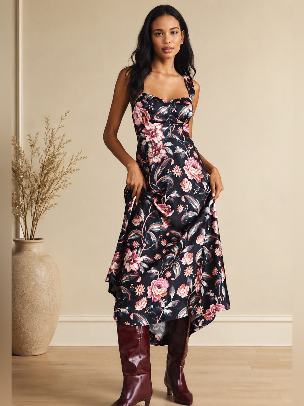 Anthropologie Maeve Jocelyn Sleeveless Slip Midi Dress Black floral Sz Small NWT